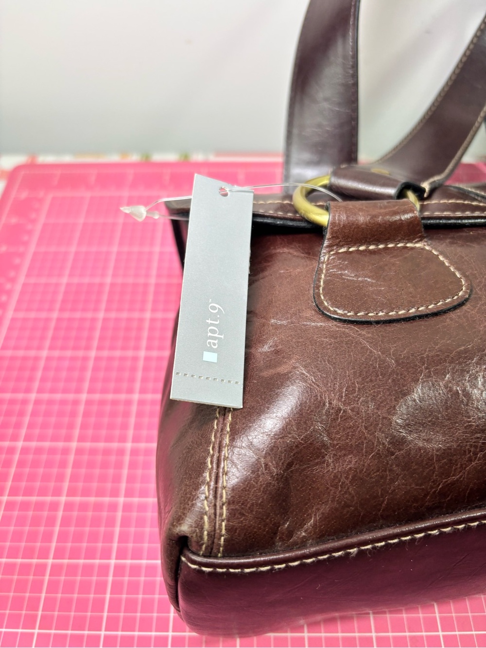 Vintage Y2K APT9 Womens Brown Leather Shoulder Bag Purse Handbag Dbl Handle Tote - Picture 9 of 16